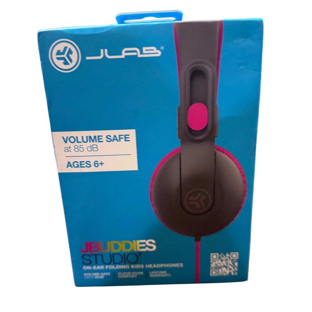 JLab JBuddies Studio 2 Kids Wired Folding Headphones Gray Pink 85dB Volume Safe